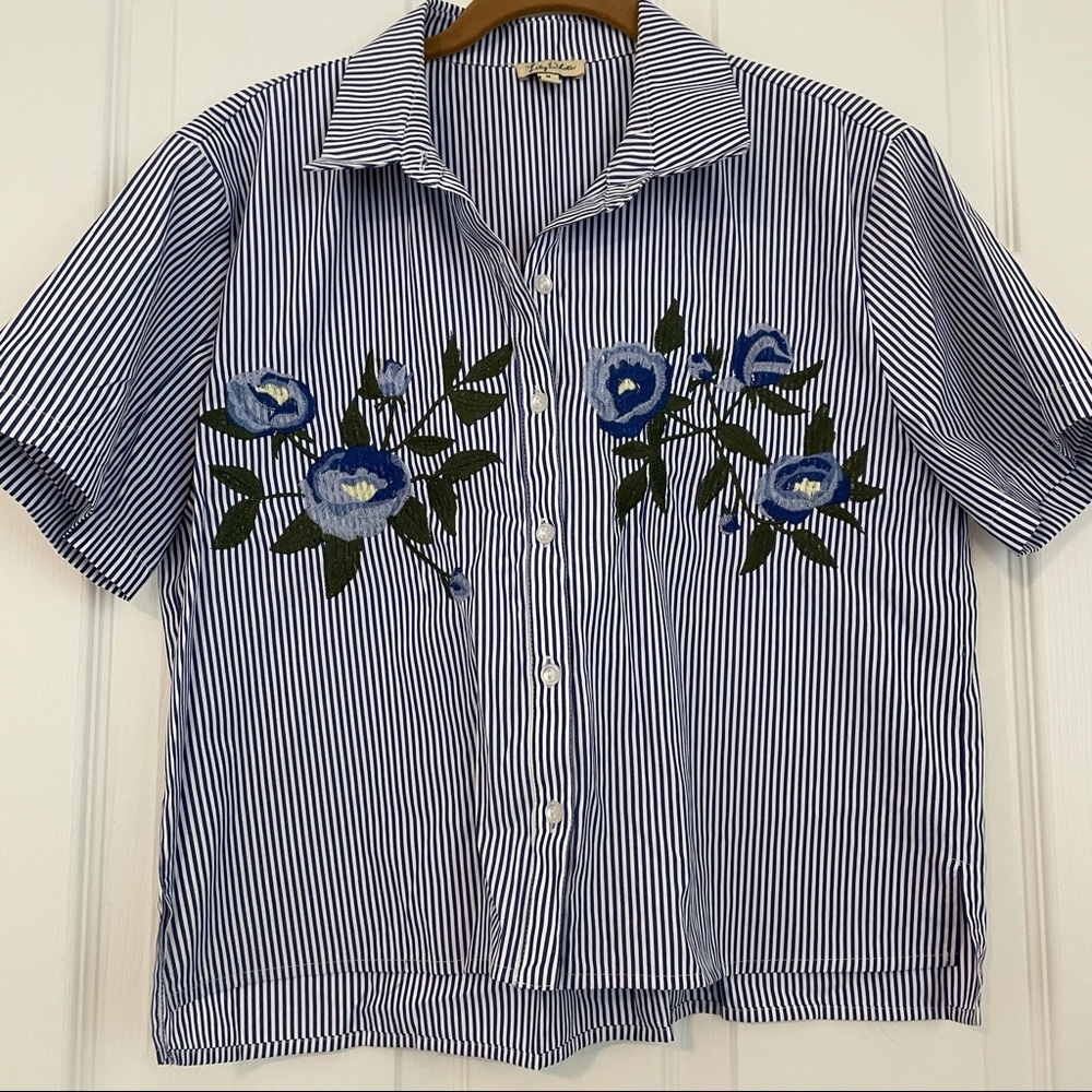 Blue / white striped button up with embroidery